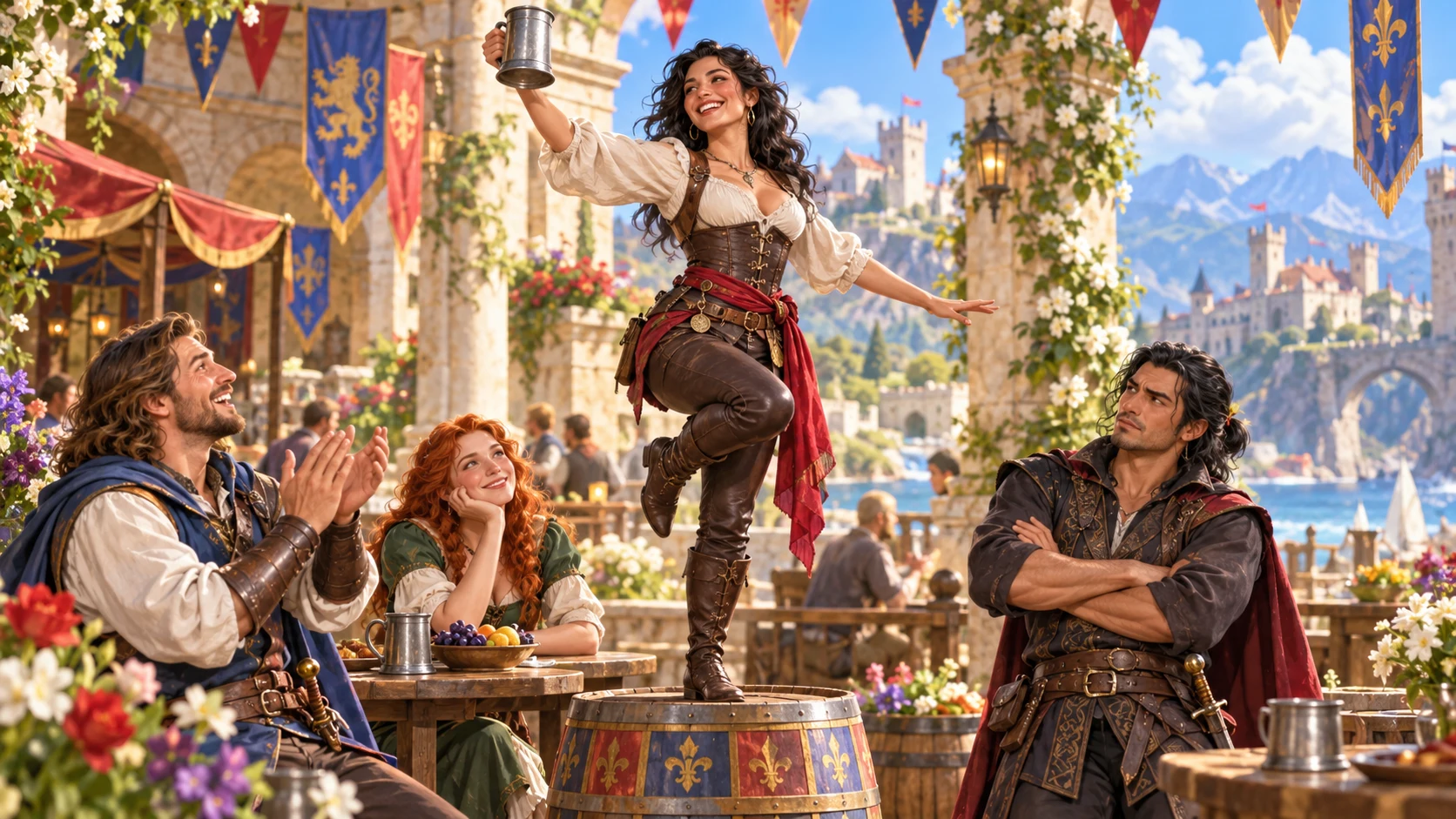 A performer balances on a barrel with a raised tankard as nearby onlookers applaud or watch sceptically.