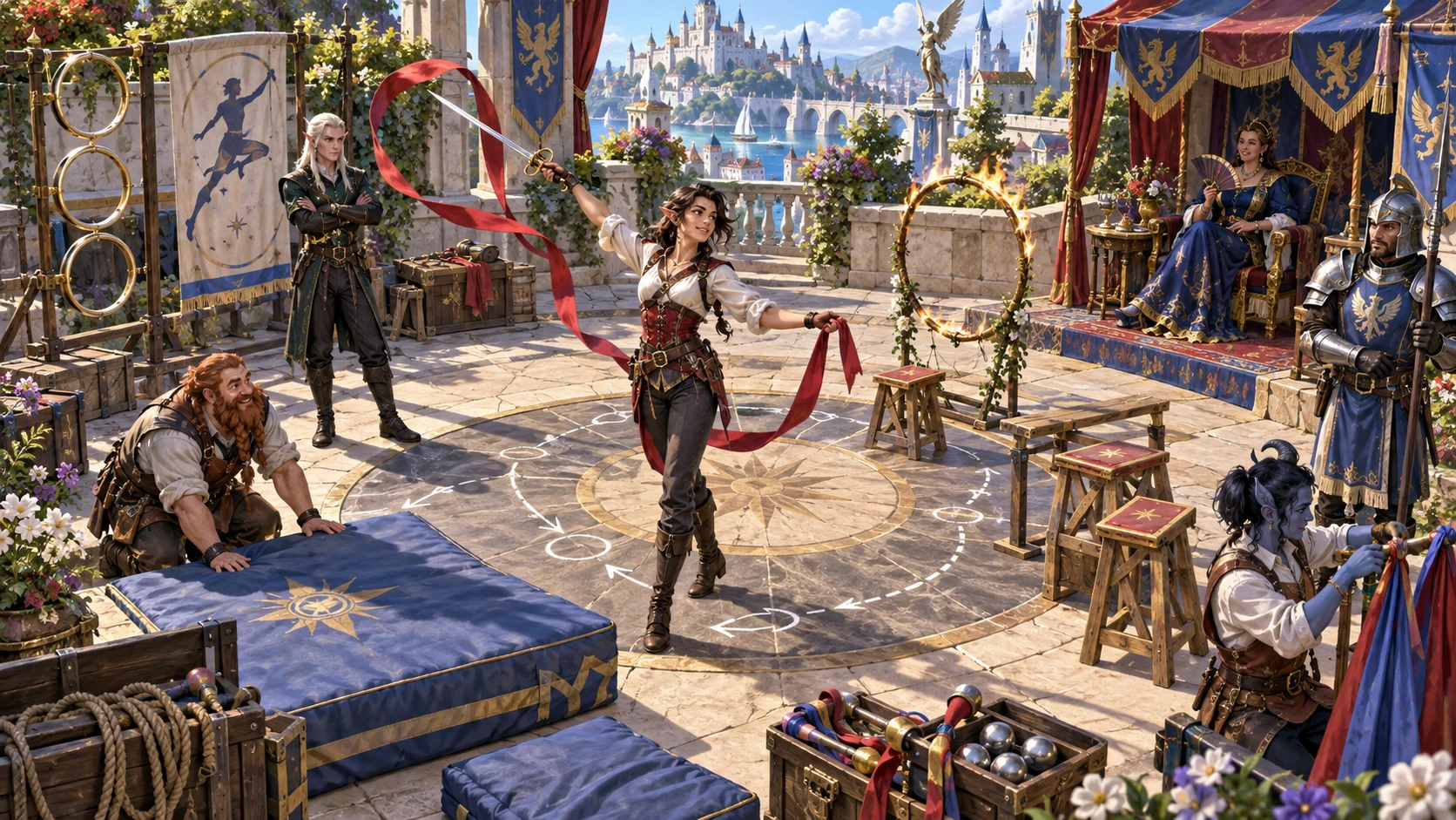 A performer prepares a ribbon-and-sword display among props and established witnesses in a courtyard.